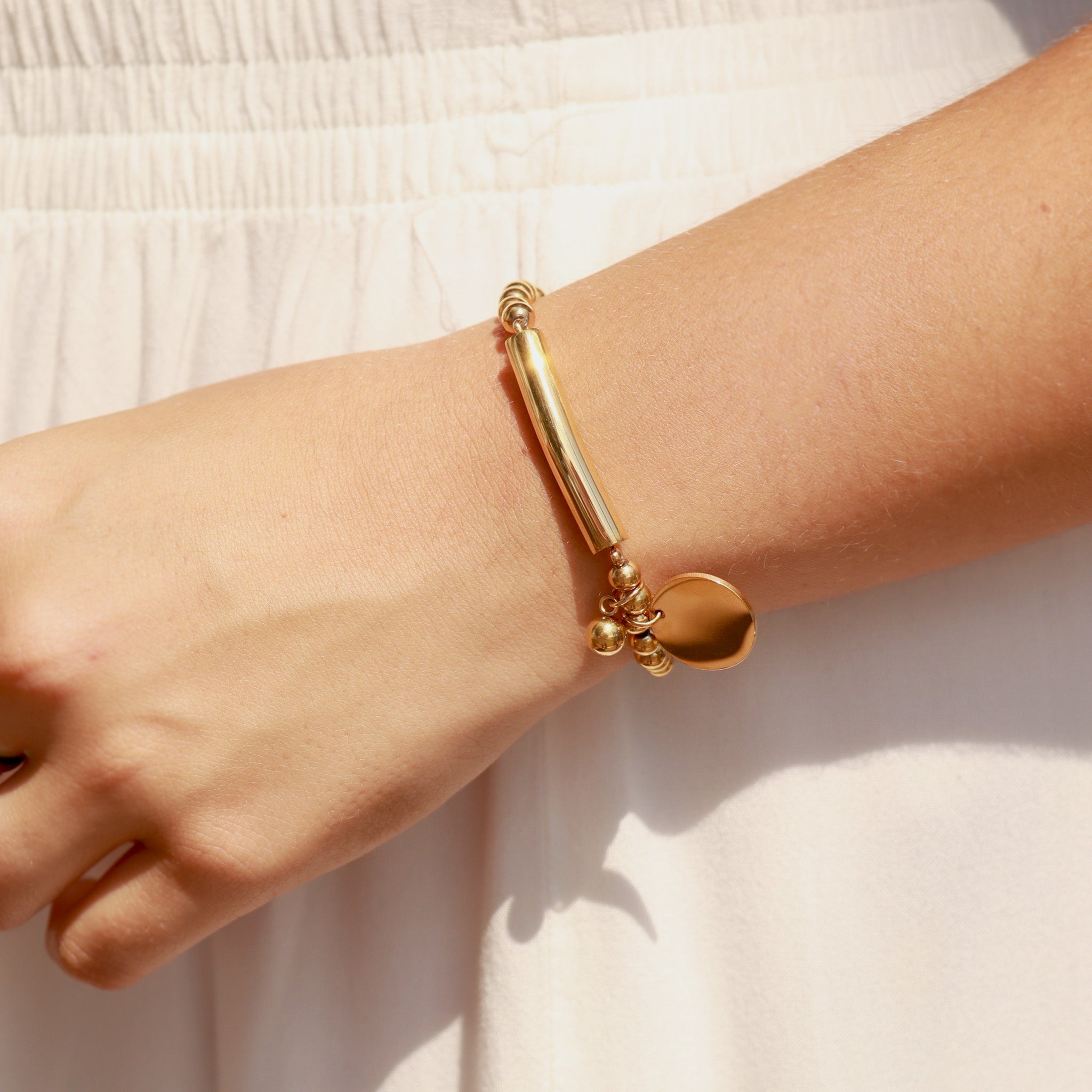 18K Gold PVD Stainless Steel Beaded Stretch Bracelet with Engravable Charm