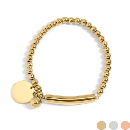 18K Gold PVD Stainless Steel Beaded Stretch Bracelet with Engravable Charm