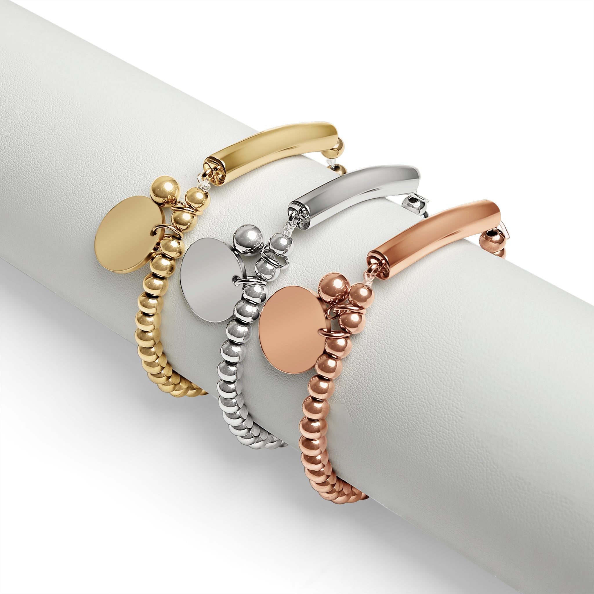 18K Gold PVD Stainless Steel Beaded Stretch Bracelet with Engravable Charm