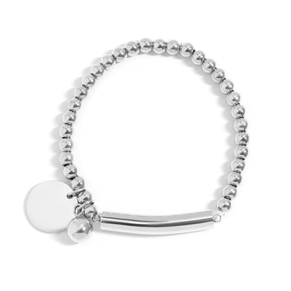 18K Gold PVD Stainless Steel Beaded Stretch Bracelet with Engravable Charm