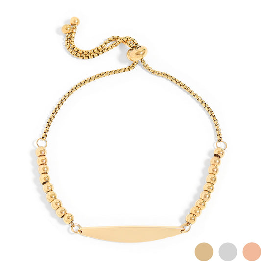 18K Gold PVD Stainless Steel Adjustable Beaded Curved Blank Bar Bracelet