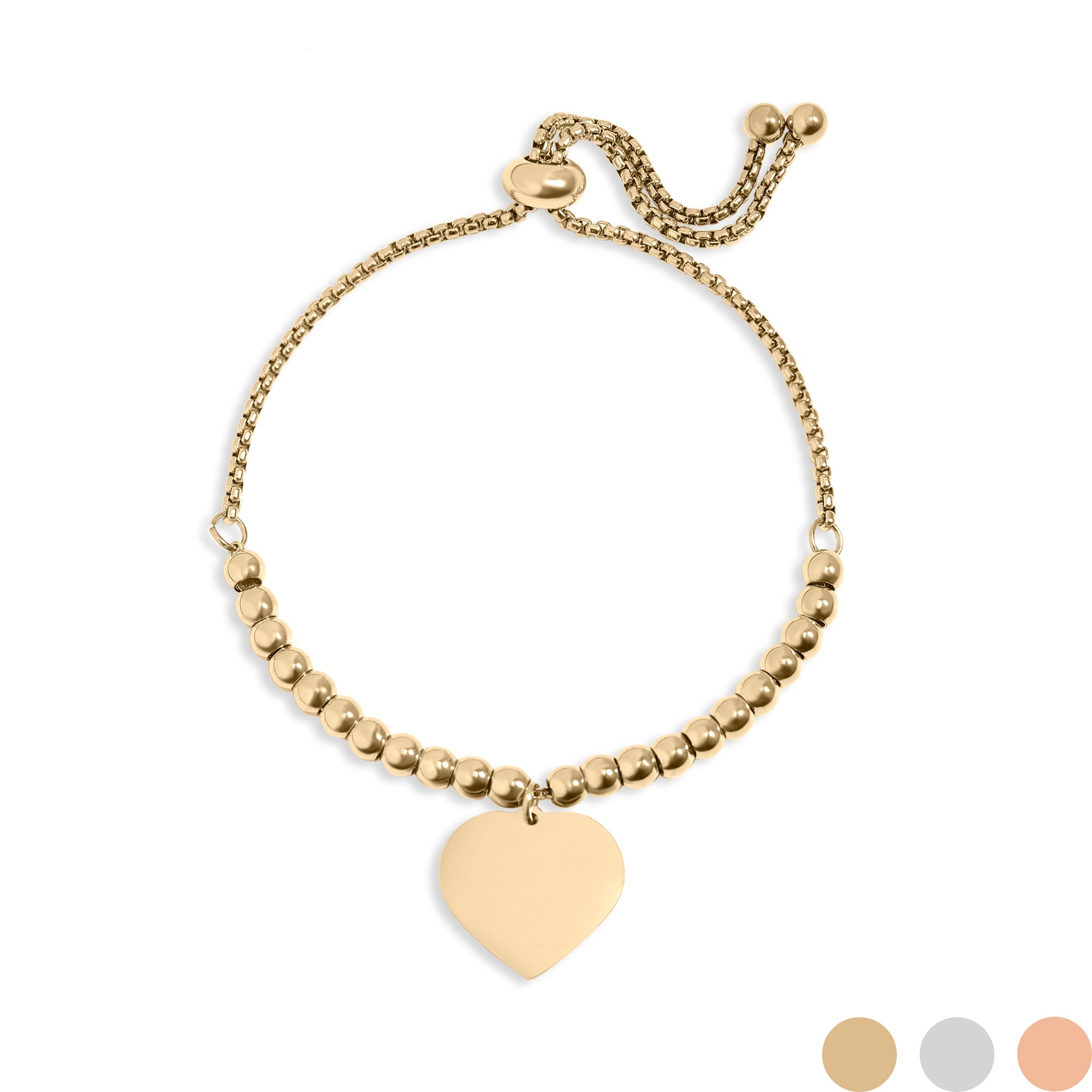 18K Gold PVD Stainless Steel Adjustable Engravable Heart Beaded Bracelet