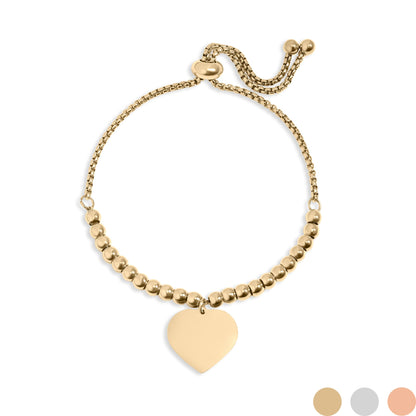 18K Gold PVD Stainless Steel Adjustable Engravable Heart Beaded Bracelet