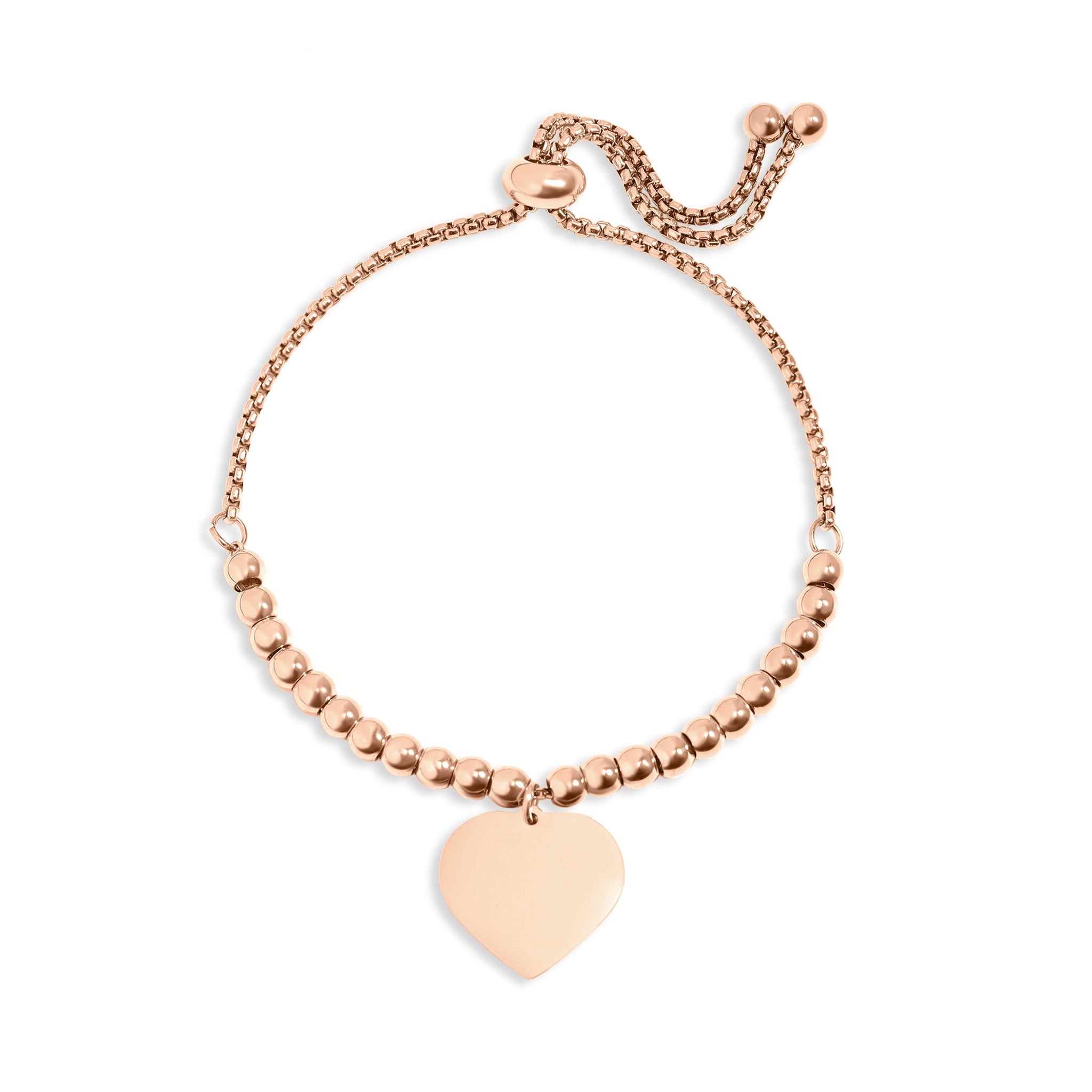 18K Gold PVD Stainless Steel Adjustable Engravable Heart Beaded Bracelet