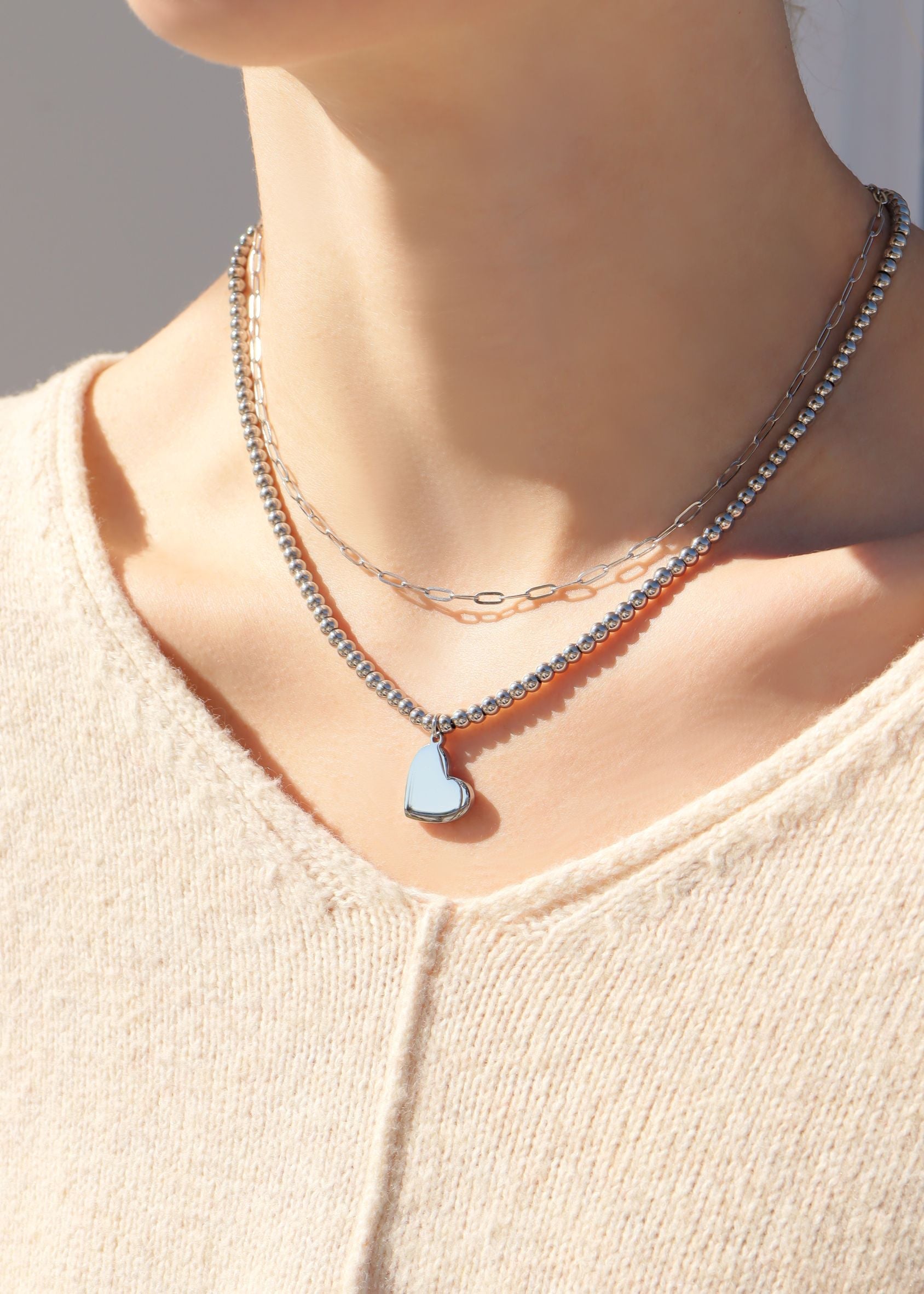 18K PVD Coated Stainless Steel Heart Beaded Necklace with 2" Extension