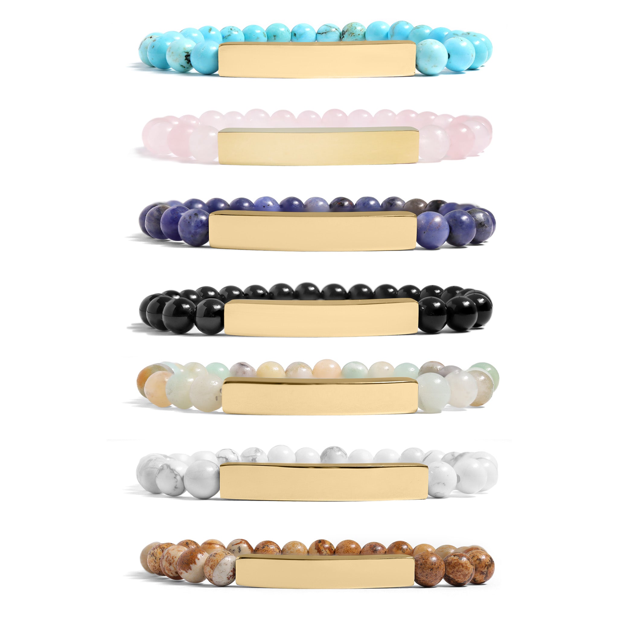 18K Gold PVD Stainless Steel Semi Precious Natural Stone Stretch Curved Bar Bracelet