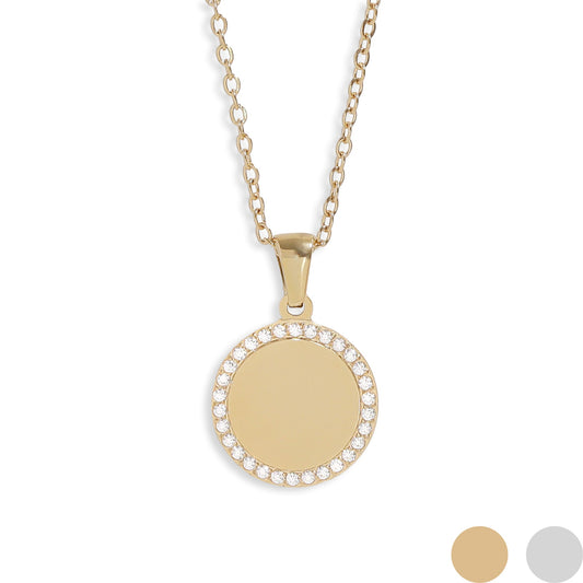 18K Gold PVD Stainless Steel Round CZ Pendant Necklace