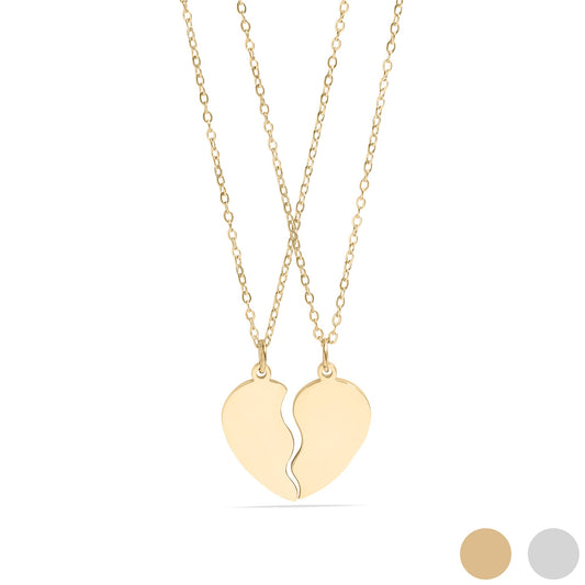 18K Gold PVD Stainless Steel Break Apart Engravable Blank Heart Necklace Set