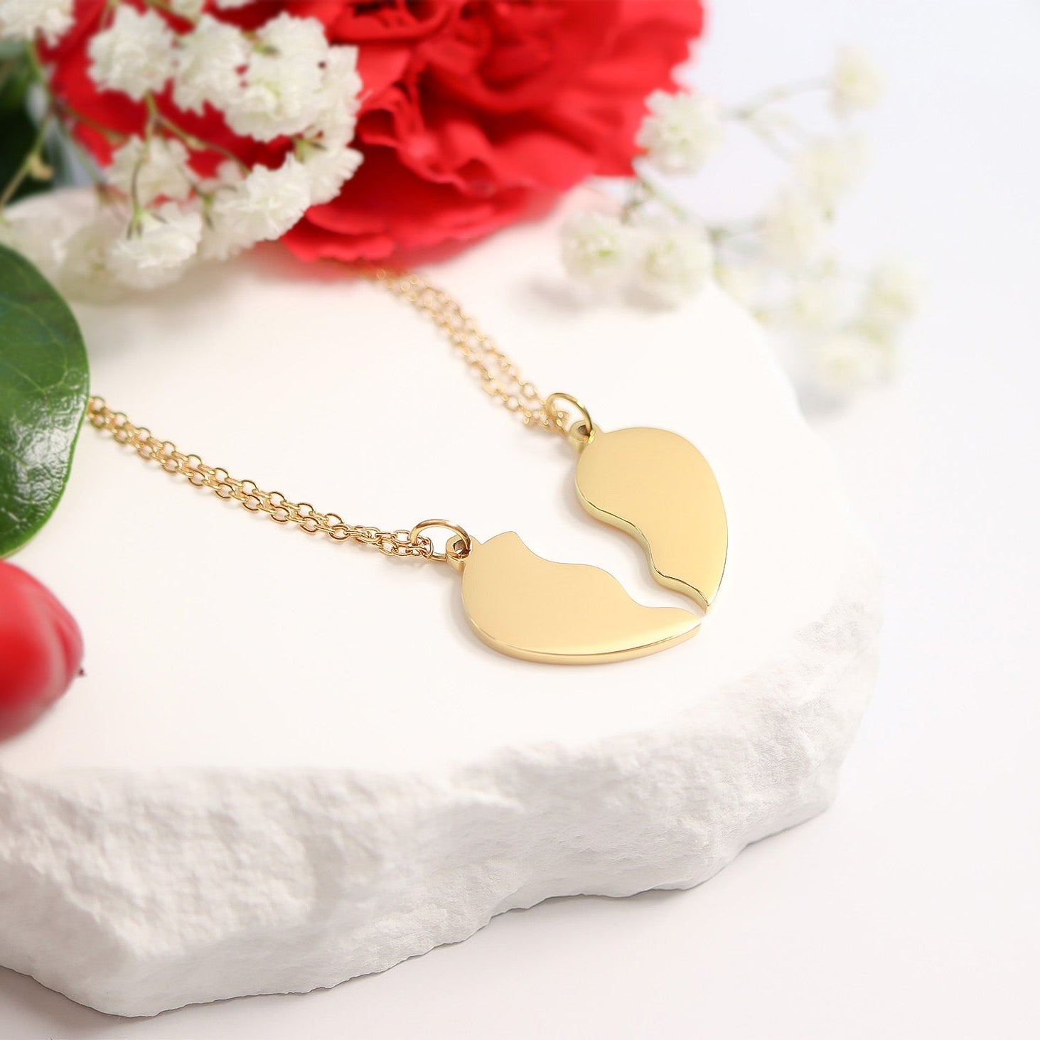 18K Gold PVD Stainless Steel Break Apart Engravable Blank Heart Necklace Set