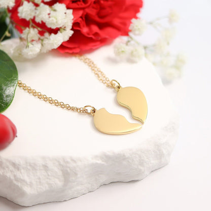 18K Gold PVD Stainless Steel Break Apart Engravable Blank Heart Necklace Set