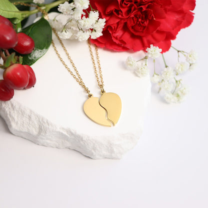 18K Gold PVD Stainless Steel Break Apart Engravable Blank Heart Necklace Set