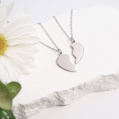18K Gold PVD Stainless Steel Break Apart Engravable Blank Heart Necklace Set