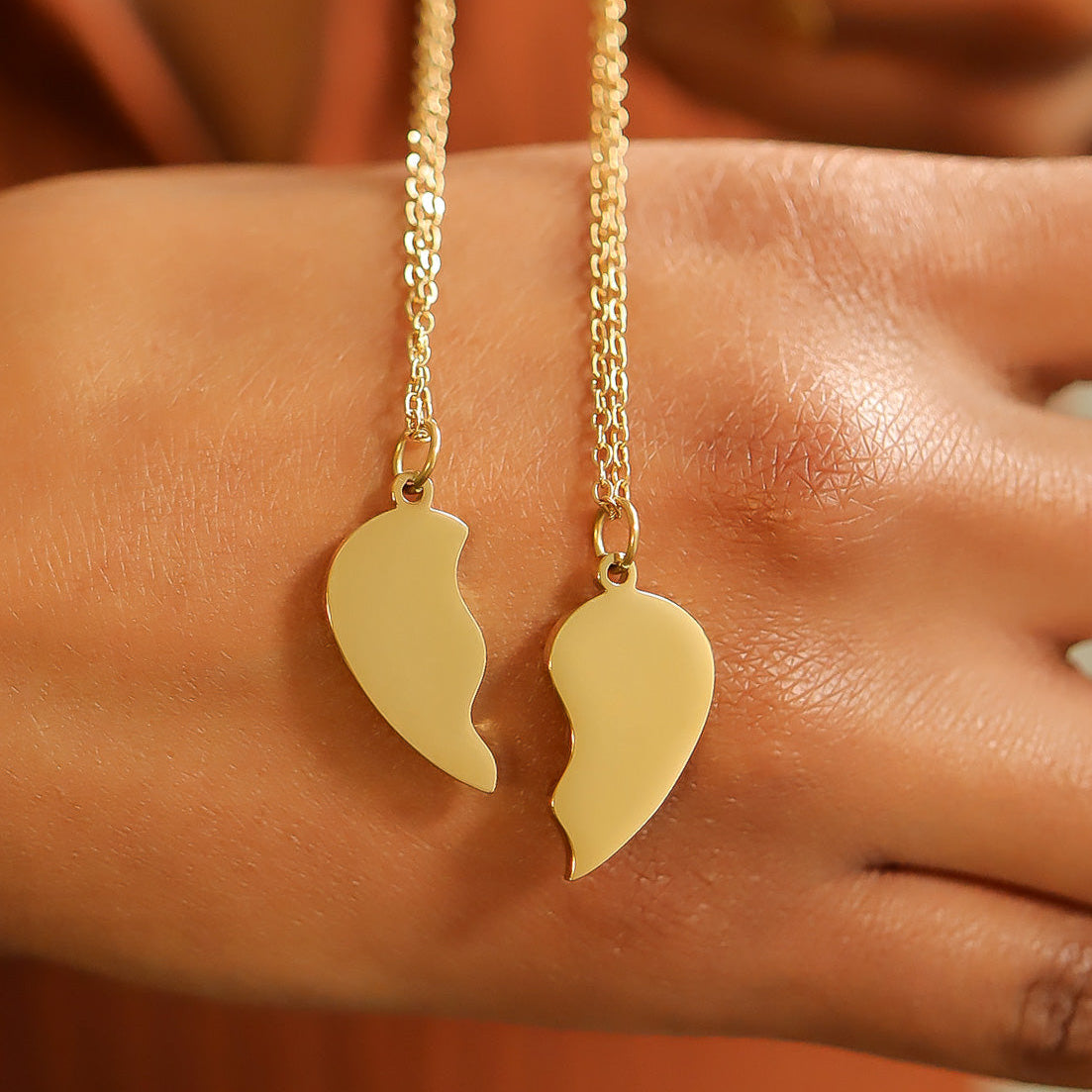 18K Gold PVD Stainless Steel Break Apart Engravable Blank Heart Necklace Set