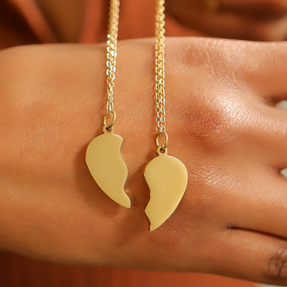 18K Gold PVD Stainless Steel Break Apart Engravable Blank Heart Necklace Set