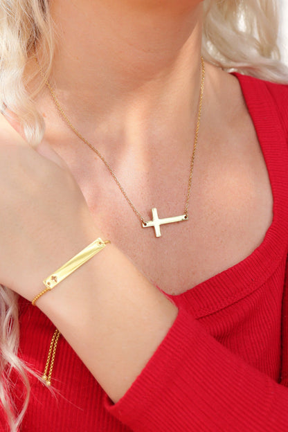 18K Gold PVD Stainless Steel Horizontal Blank Cross Necklace
