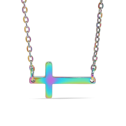 18K Gold PVD Stainless Steel Horizontal Blank Cross Necklace