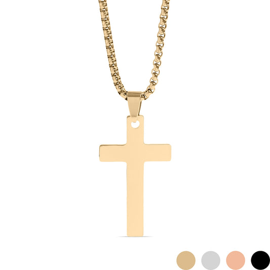 18K Gold PVD Stainless Steel Cross Pendant With Rounded Box Chain