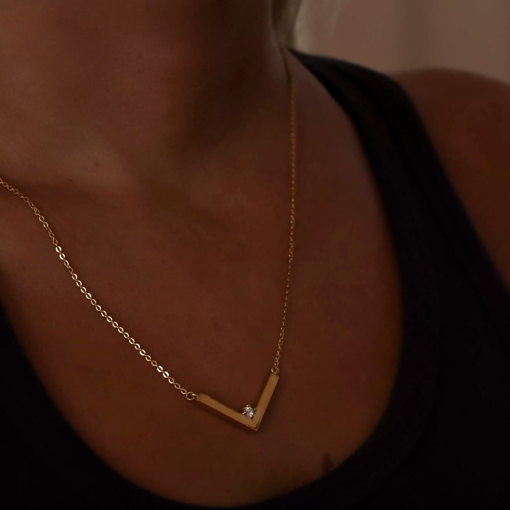 18K PVD Stainless Steel CZ V-Shaped Blank Pendant Necklace