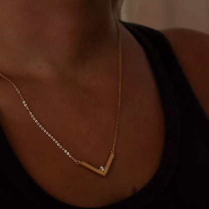 18K PVD Stainless Steel CZ V-Shaped Blank Pendant Necklace