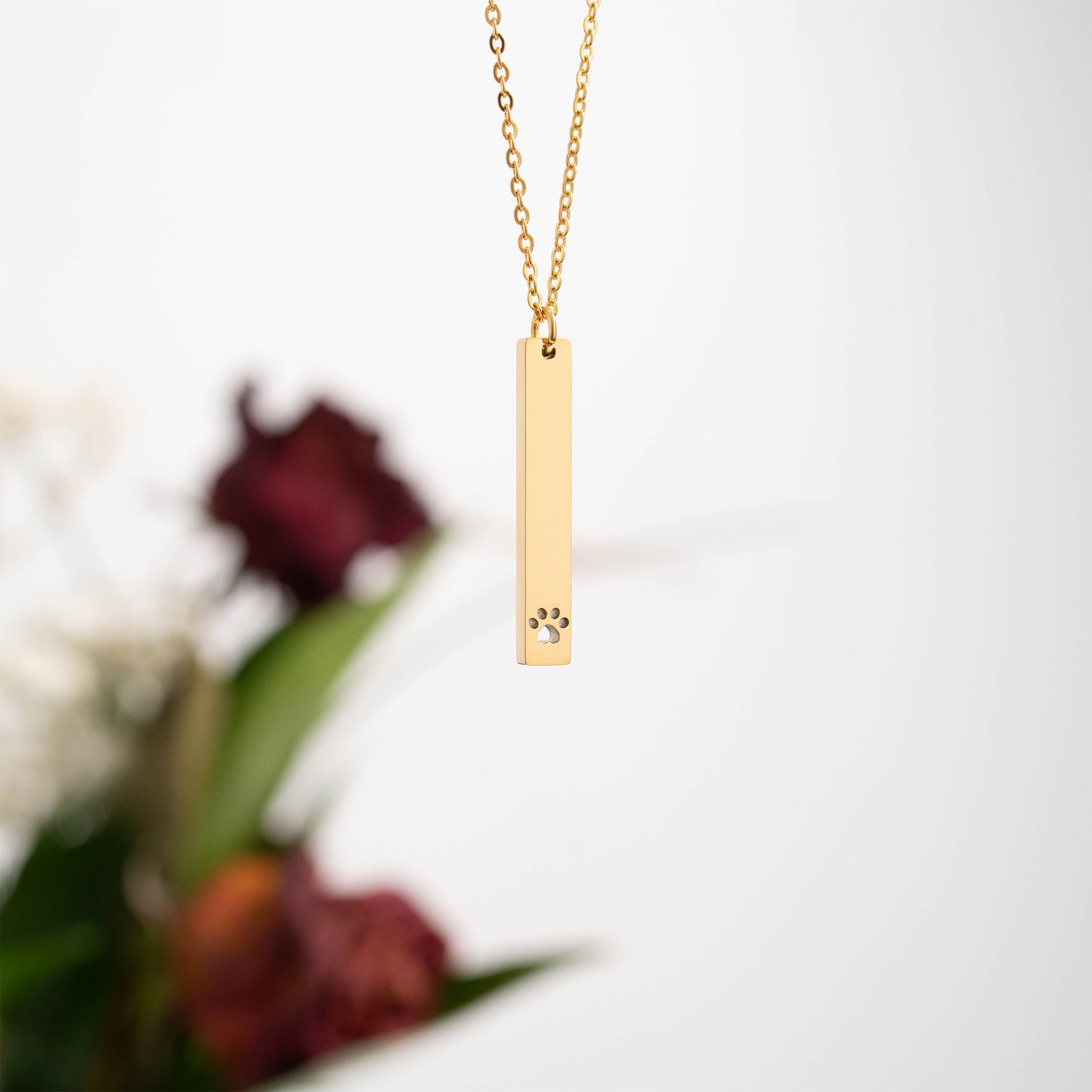 18K Gold PVD Stainless Steel Paw Print Cutout Vertical Blank Bar Necklace
