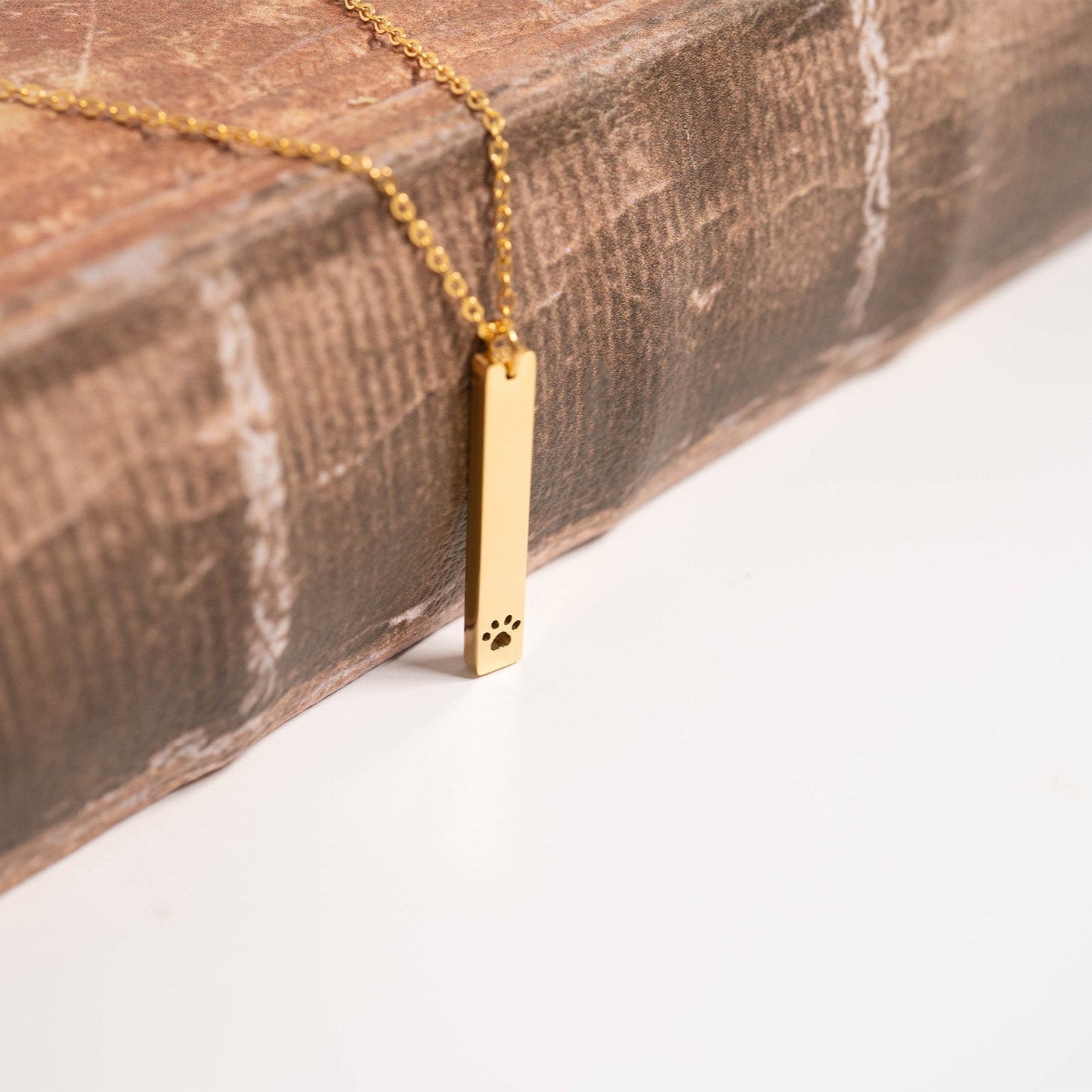 18K Gold PVD Stainless Steel Paw Print Cutout Vertical Blank Bar Necklace