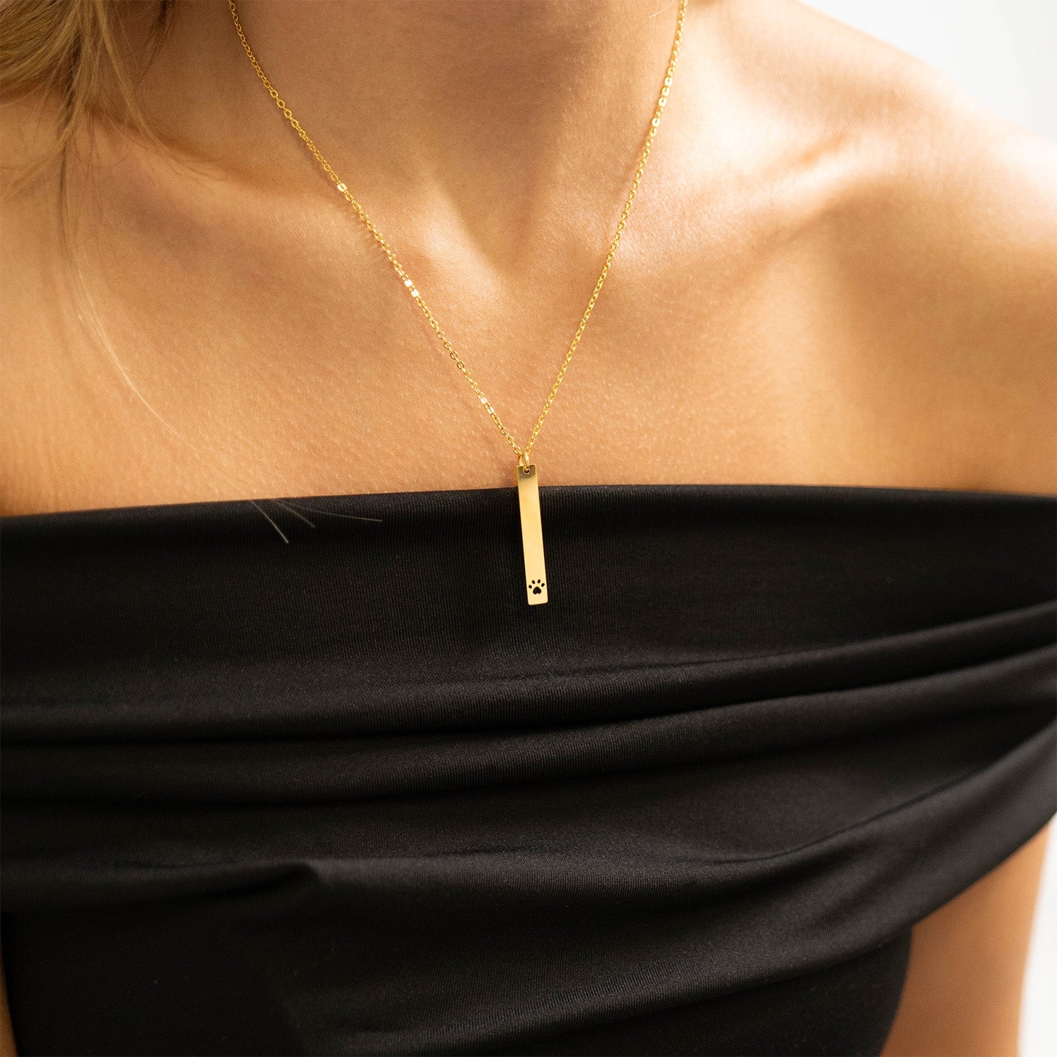 18K Gold PVD Stainless Steel Paw Print Cutout Vertical Blank Bar Necklace