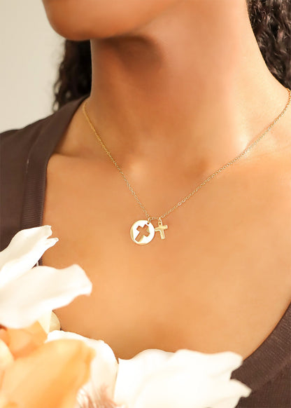 18K Gold PVD Stainless Steel Cutout Cross Charm Necklace