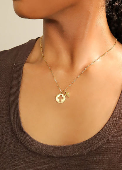 18K Gold PVD Stainless Steel Cutout Cross Charm Necklace