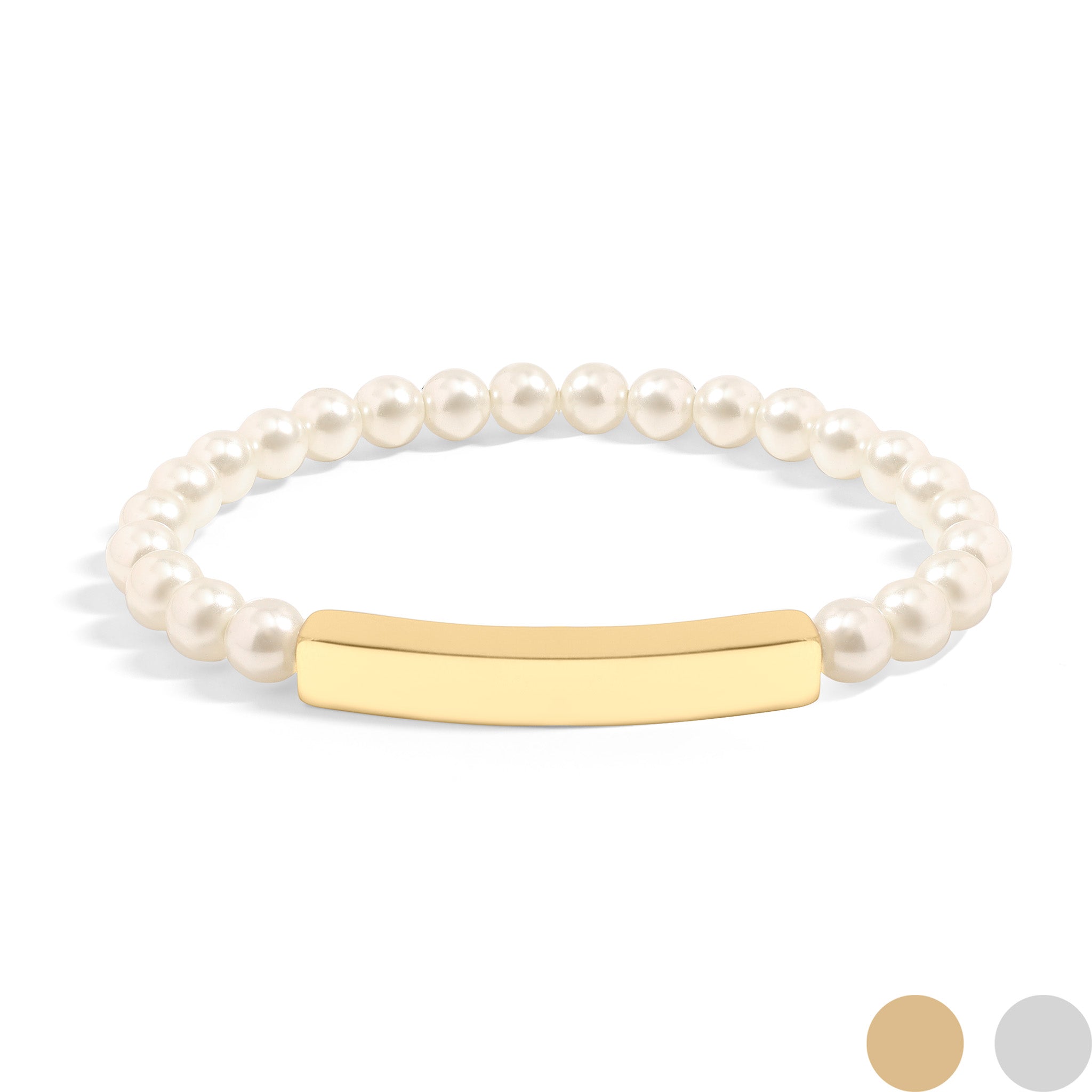 18K Gold PVD Stainless Steel Pearl Engravable Stretch Curved Bar Bracelet