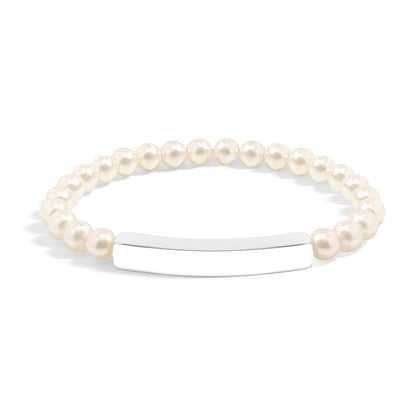 18K Gold PVD Stainless Steel Pearl Engravable Stretch Curved Bar Bracelet