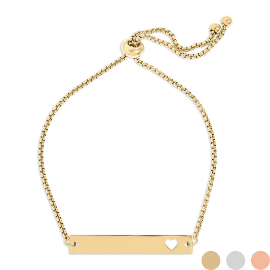 18K Gold PVD Stainless Steel Flat Adjustable Heart Cutout Blank Bar Bracelet