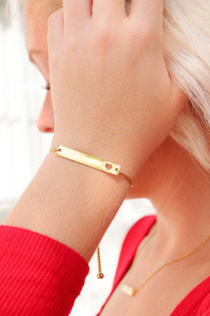18K Gold PVD Stainless Steel Flat Adjustable Heart Cutout Blank Bar Bracelet