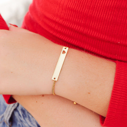 18K Gold PVD Stainless Steel Flat Adjustable Heart Cutout Blank Bar Bracelet