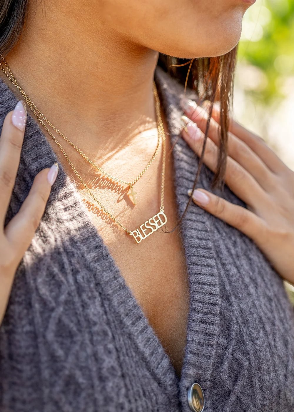 18K Gold PVD Stainless Steel "Blessed" Layered Cross Charm Necklace