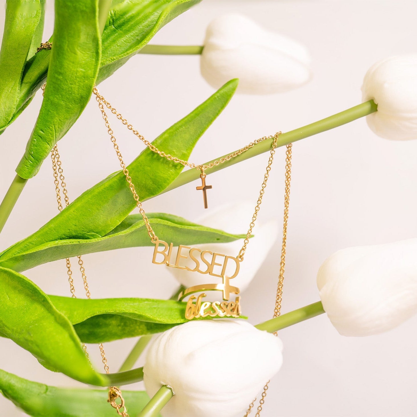 18K Gold PVD Stainless Steel "Blessed" Layered Cross Charm Necklace
