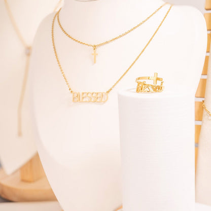 18K Gold PVD Stainless Steel "Blessed" Layered Cross Charm Necklace