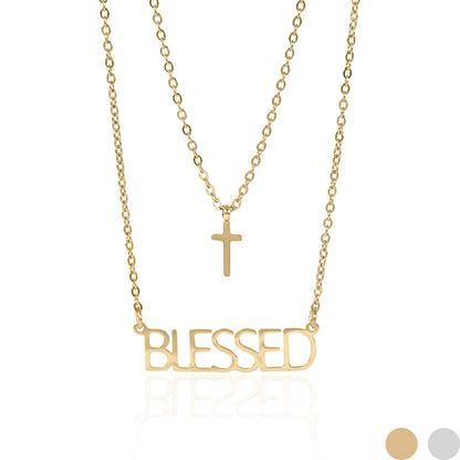 18K Gold PVD Stainless Steel "Blessed" Layered Cross Charm Necklace