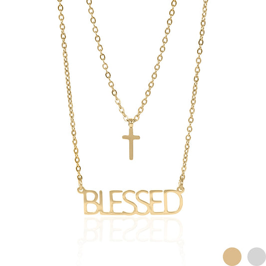 18K Gold PVD Stainless Steel "Blessed" Layered Cross Charm Necklace