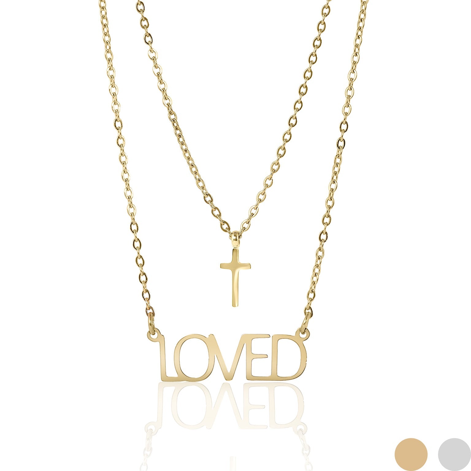 18K Gold PVD Stainless Steel "Loved" Layered Cross Charm Necklace