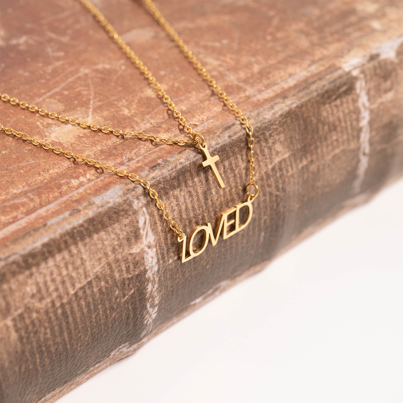 18K Gold PVD Stainless Steel "Loved" Layered Cross Charm Necklace