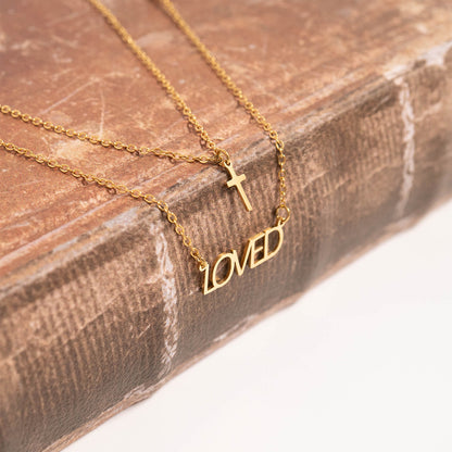 18K Gold PVD Stainless Steel "Loved" Layered Cross Charm Necklace