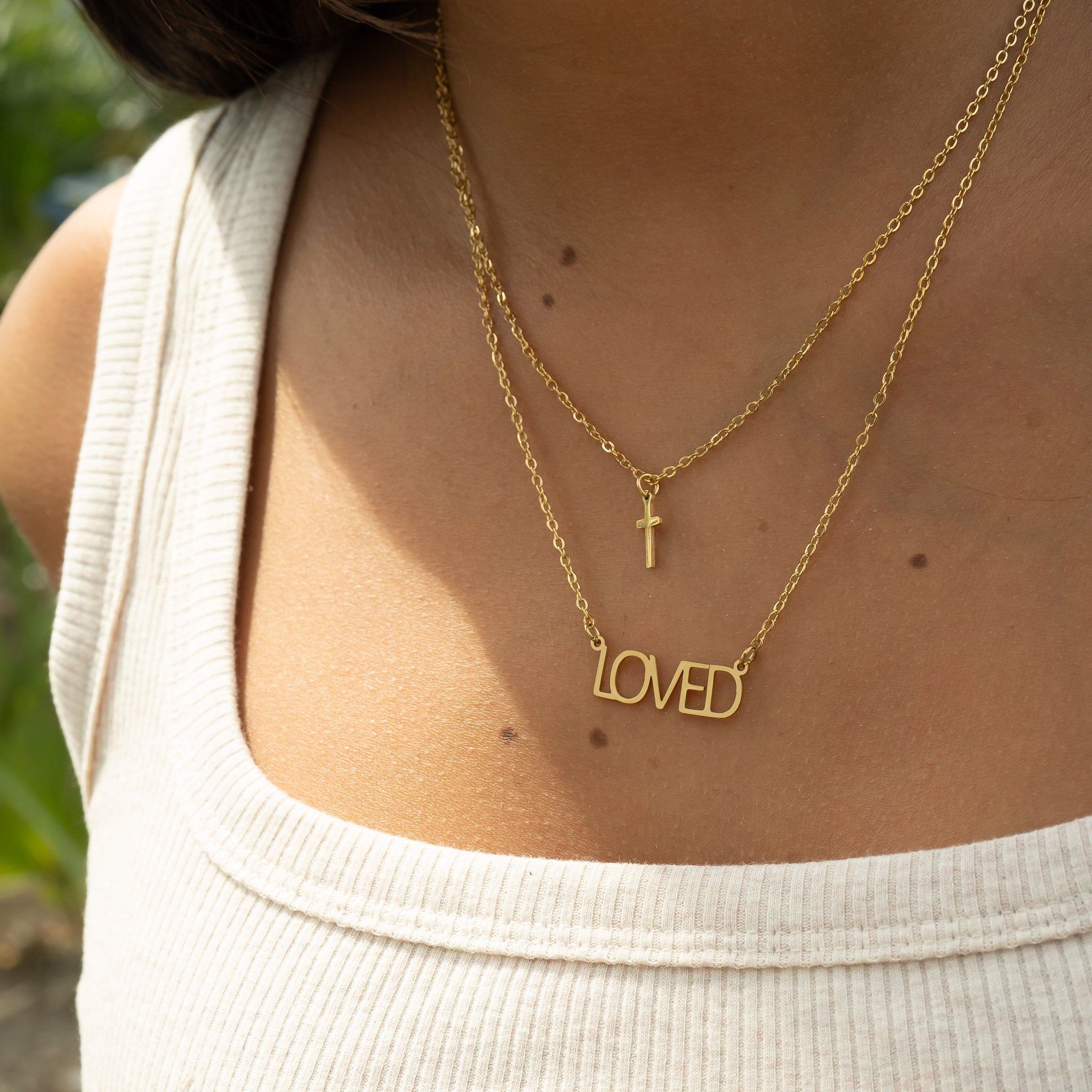 18K Gold PVD Stainless Steel "Loved" Layered Cross Charm Necklace