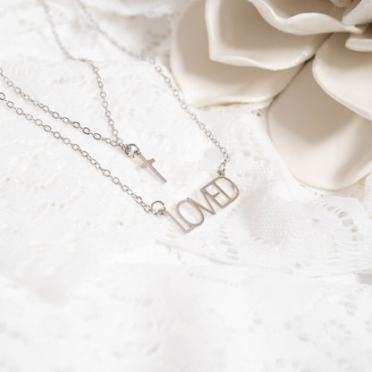 18K Gold PVD Stainless Steel "Loved" Layered Cross Charm Necklace
