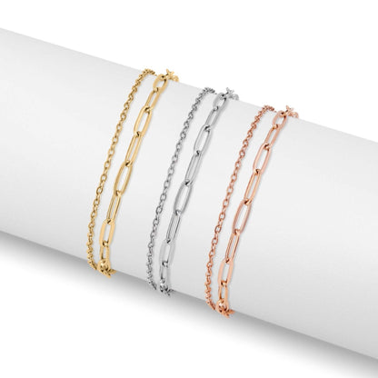18K Gold PVD Stainless Steel Layered Loop and Paperclip Chain Anklet