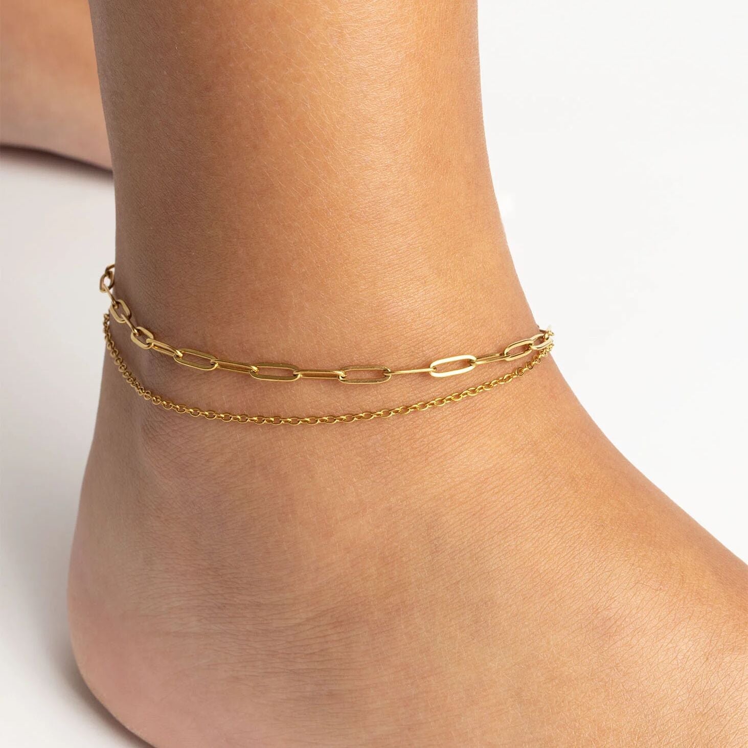 18K Gold PVD Stainless Steel Layered Loop and Paperclip Chain Anklet