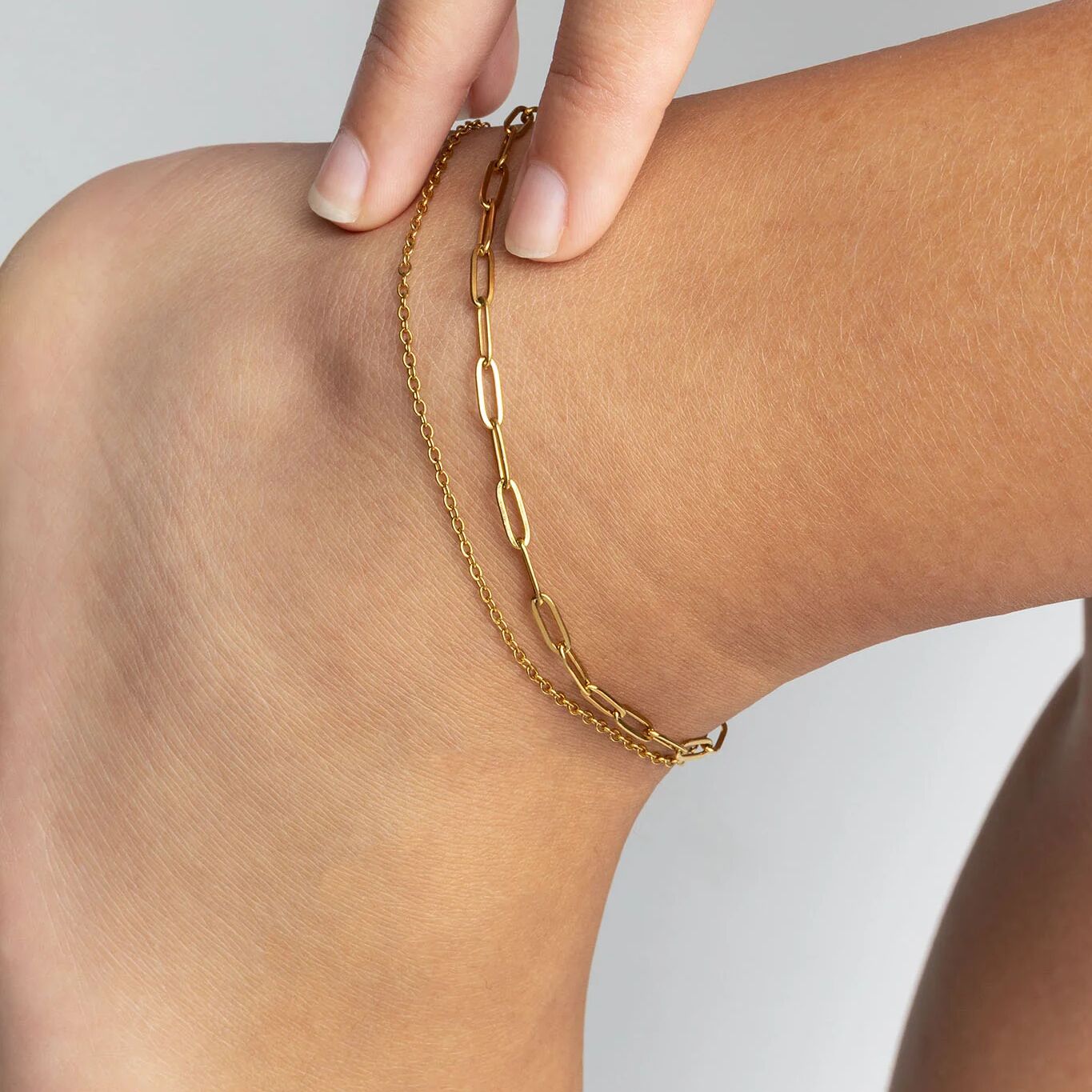 18K Gold PVD Stainless Steel Layered Loop and Paperclip Chain Anklet