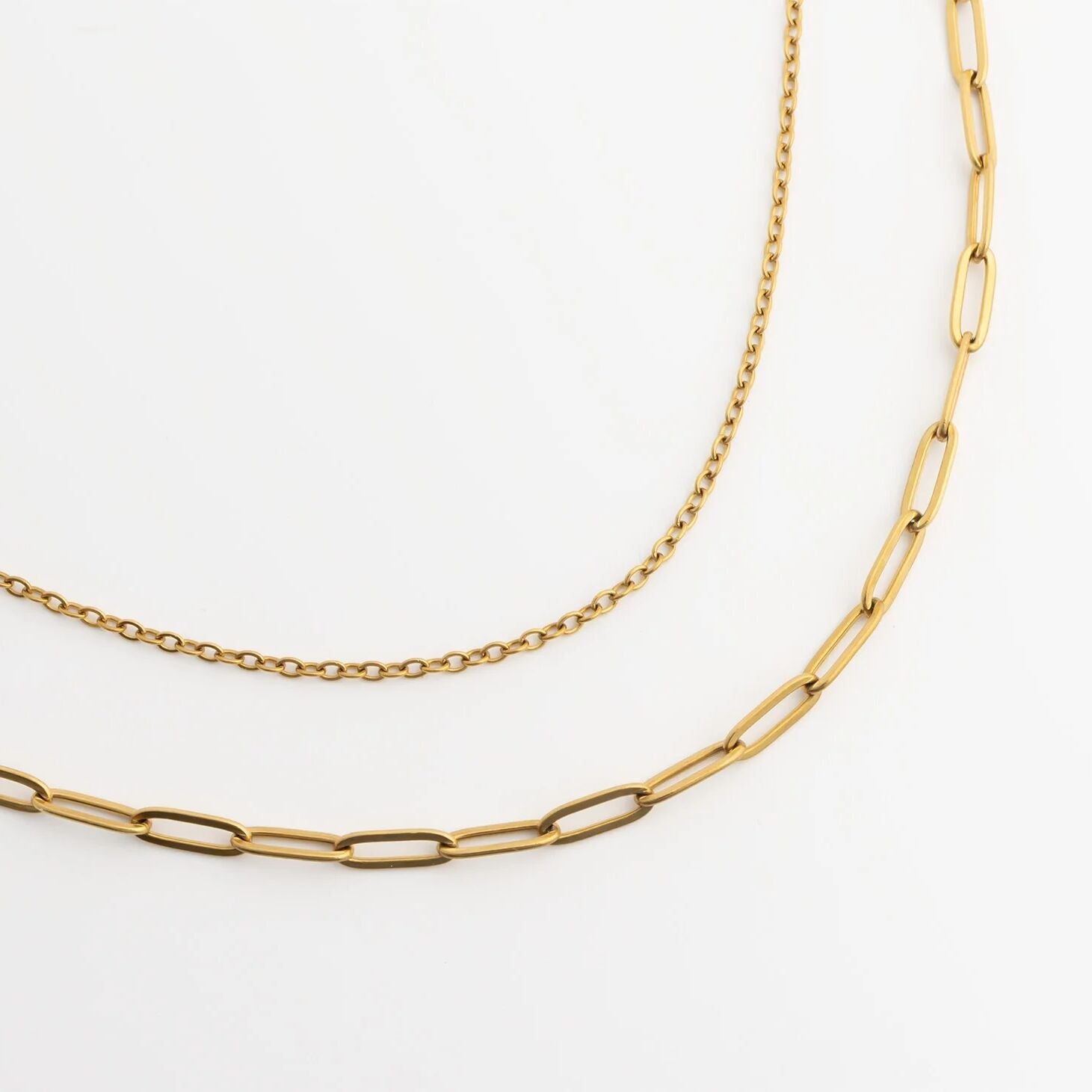 18K Gold PVD Stainless Steel Layered Loop and Paperclip Chain Anklet