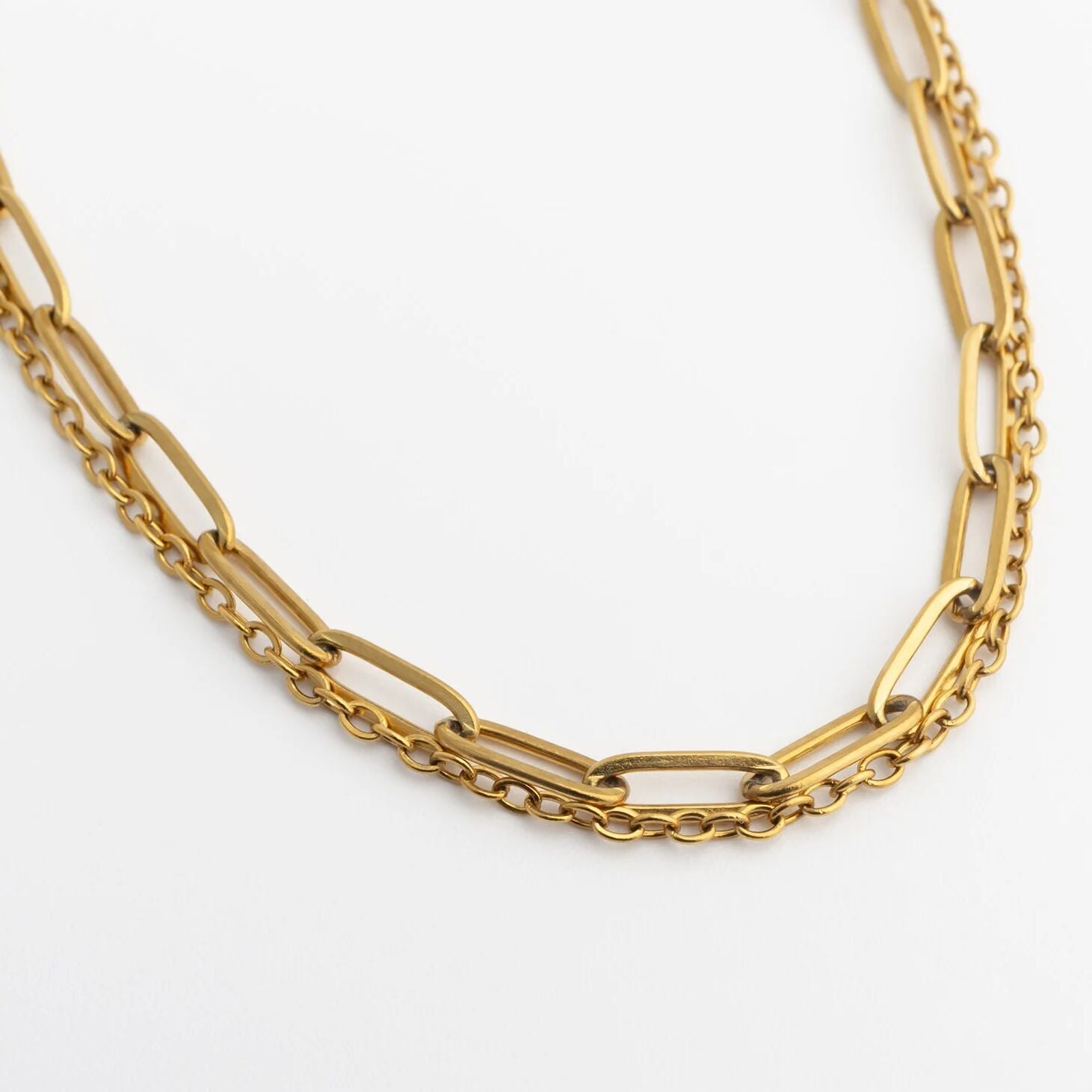 18K Gold PVD Stainless Steel Layered Loop and Paperclip Chain Anklet