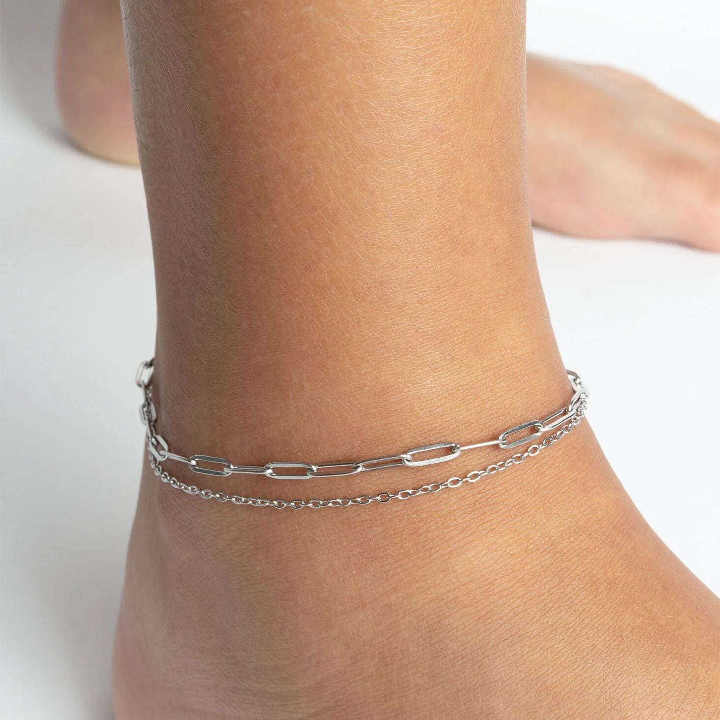 18K Gold PVD Stainless Steel Layered Loop and Paperclip Chain Anklet