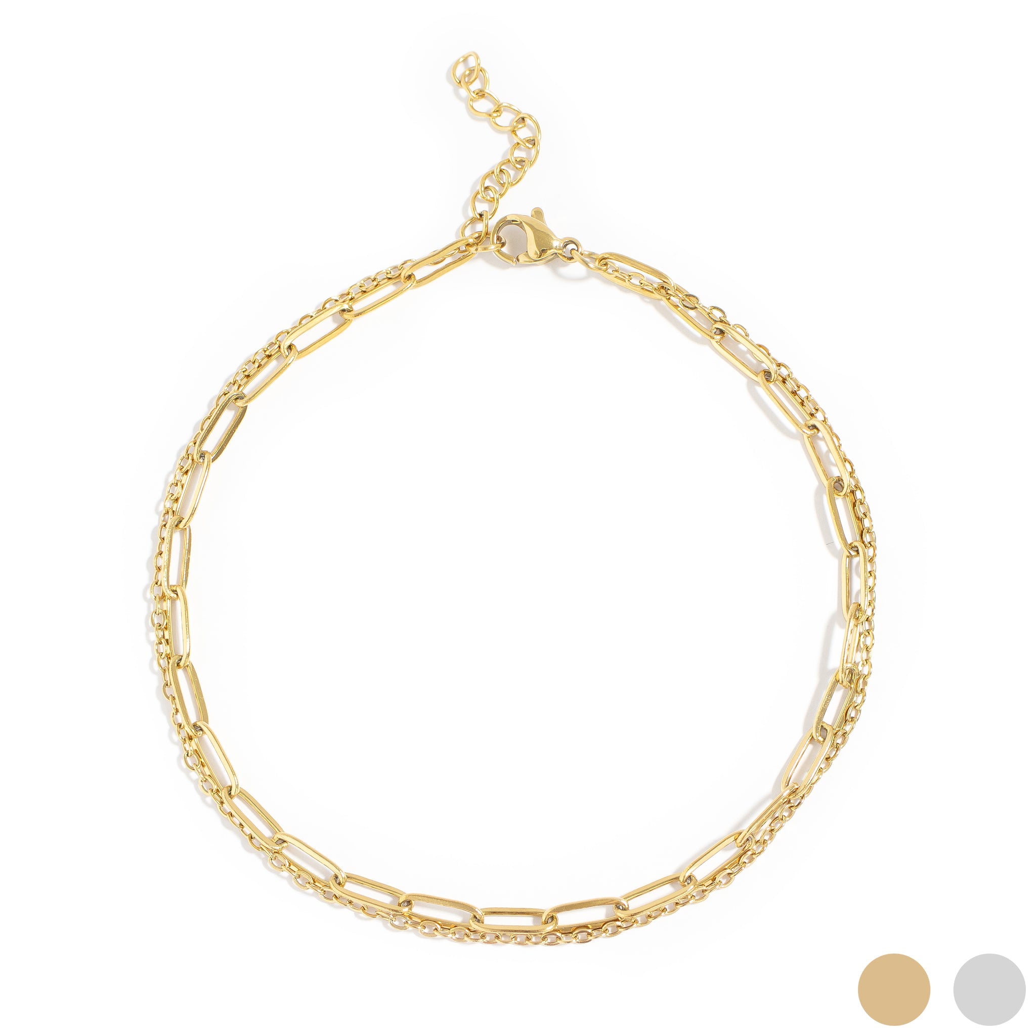 18K Gold PVD Stainless Steel Layered Loop and Paperclip Chain Anklet